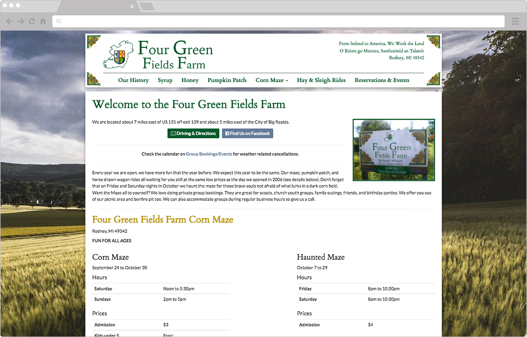 Homepage of the Four Green Fields Farm Website