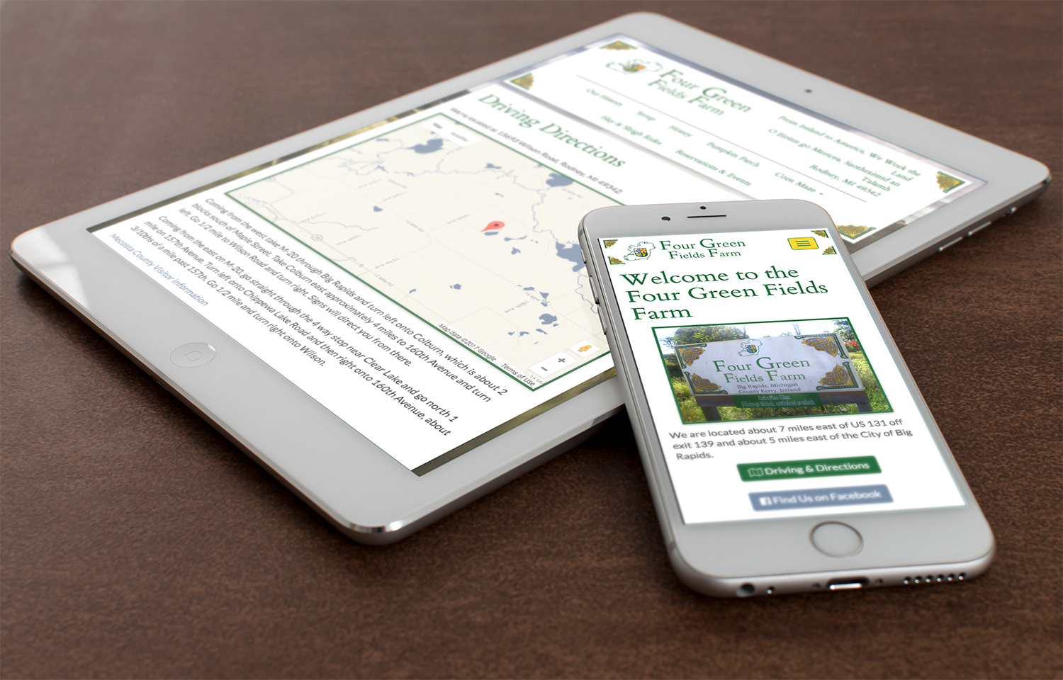 The Four Green Fields Farm Website on a Mobile Device