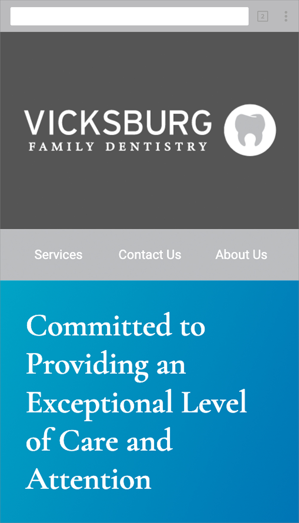 Vicksburg Family Dentistry Website Homepage on Mobile